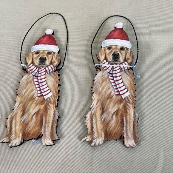 Other - Golden Retriever Dog Holiday Christmas Wood Ornament Wire Hanger NEW Set Of 2